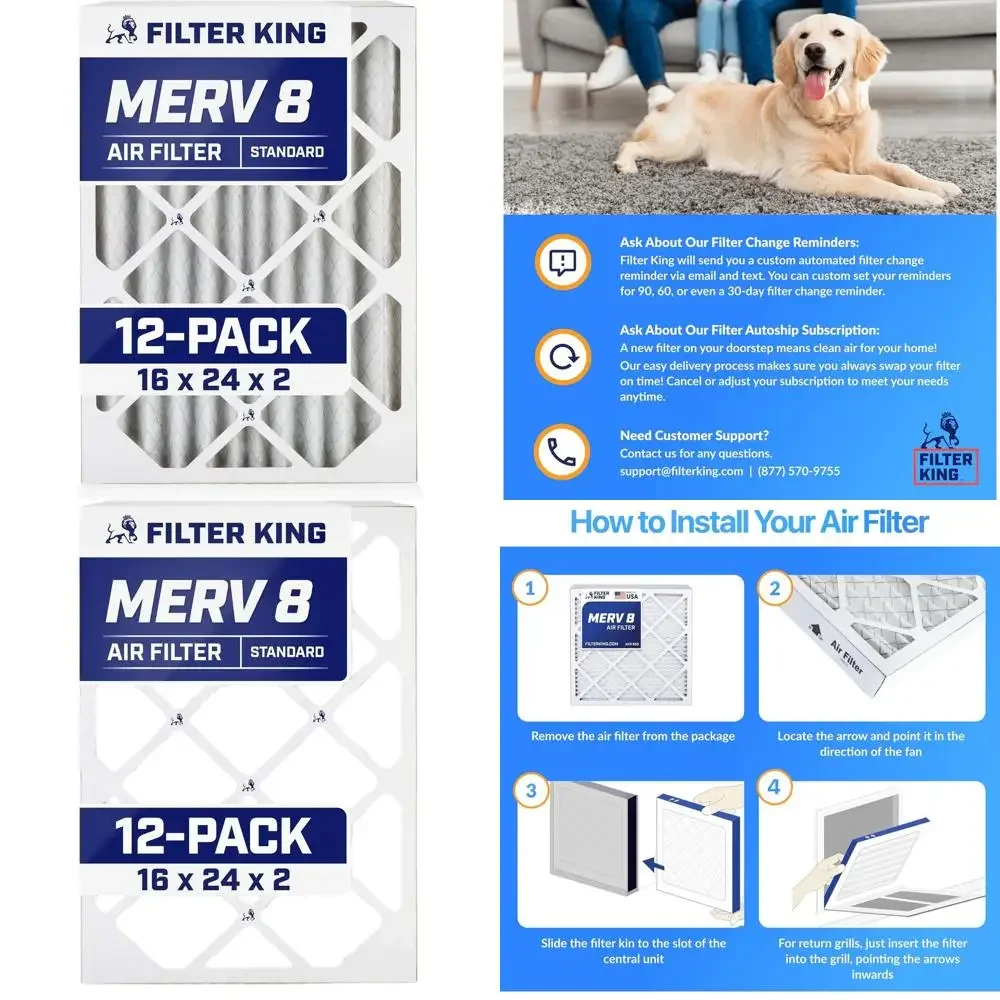12-Pack 16x24x2 MERV 8 Air Filters - USA Made, Pleated, Electrostatic for Dust & Allergy Relief
12-Pack 16x24x2 MERV 8 Air Filters - USA Made, Pleated, Electrostatic for Dust & Allergy Relief