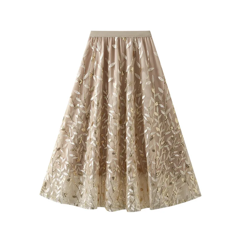 Women's Sequined Leaf Embroidered Long Skirt, Large Mesh, Versatile, Fairy Half Skirt, A-Line, Fashionable, All Season
Women's Sequined Leaf Embroidered Long Skirt, Large Mesh, Versatile, Fairy Half Skirt, A-Line, Fashionable, All Season