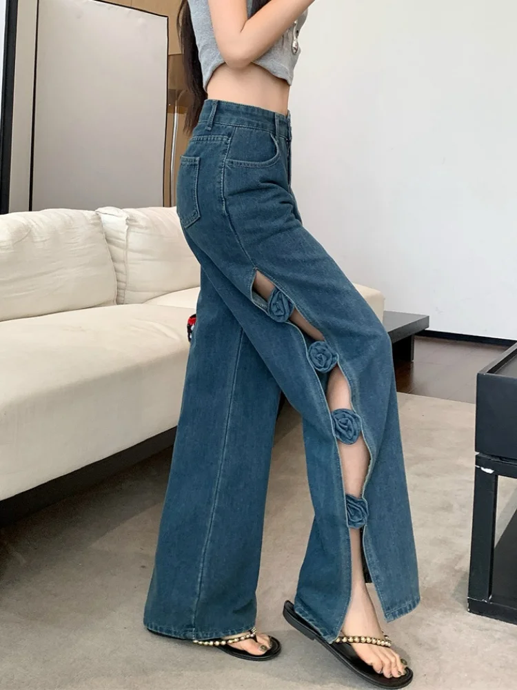 New Fashion Design Spicy Girl Hollow Out Split Jeans Women's Handmade Three-Dimensional Flower Loose Wide Leg Long Pants
New Fashion Design Spicy Girl Hollow Out Split Jeans Women's Handmade Three-Dimensional Flower Loose Wide Leg Long Pants