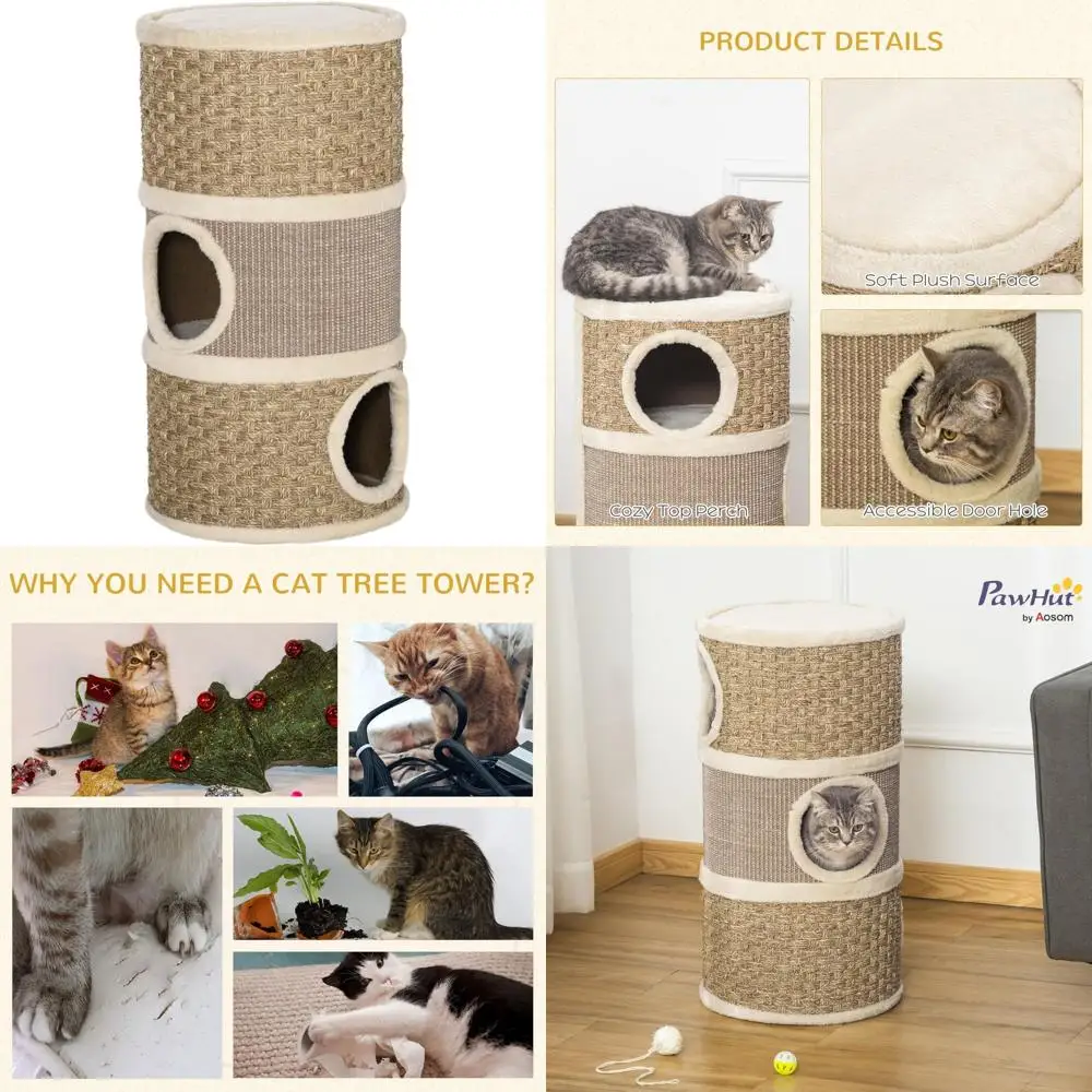 3-Story Indoor Cat Tree with Sisal Scratching Pad, Barrel Shaped Hideaway for Small Cats, Khaki Colored
3-Story Indoor Cat Tree with Sisal Scratching Pad, Barrel Shaped Hideaway for Small Cats, Khaki Colored
