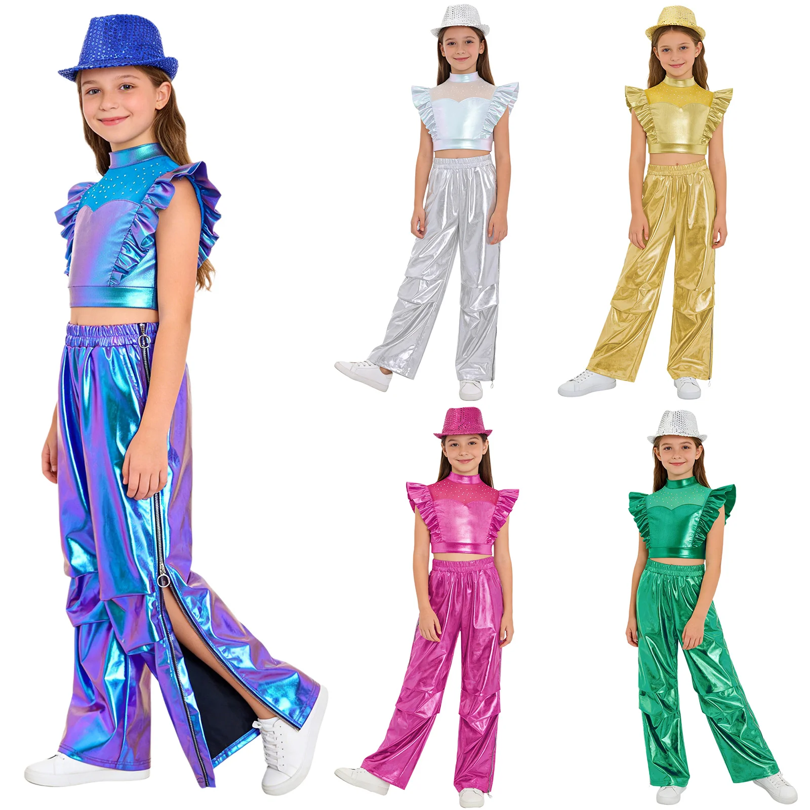 Kids Girls Metallic Shiny Hip Hop Jazz Street Dance Outfit Rhinestone Mesh Crop Tank Top with Tear Away Zipper Cargo Pants Hat
Kids Girls Metallic Shiny Hip Hop Jazz Street Dance Outfit Rhinestone Mesh Crop Tank Top with Tear Away Zipper Cargo Pants Hat