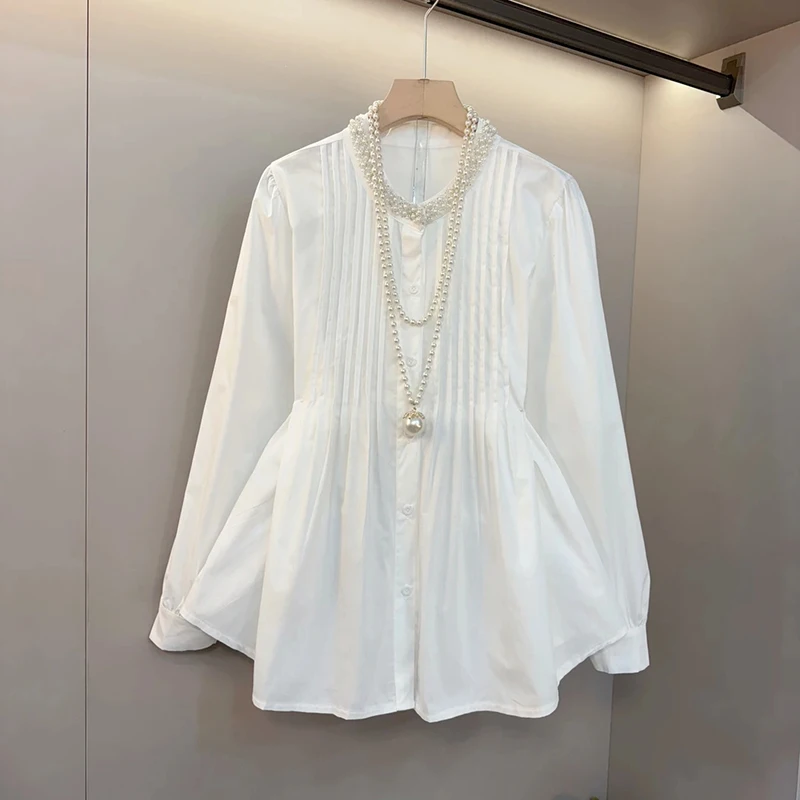 Large Size French Heavy Industry Bead Shirt For Women 2025 Spring Autumn Pleated Waist Design Long Sleeved Cardigan Blouse 4XL
Large Size French Heavy Industry Bead Shirt For Women 2025 Spring Autumn Pleated Waist Design Long Sleeved Cardigan Blouse 4XL