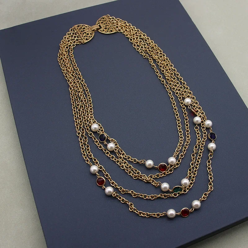 French New Bronze Gold Plated Multi-layer Glass Chain Pearl Necklace Women's Jewelry
French New Bronze Gold Plated Multi-layer Glass Chain Pearl Necklace Women's Jewelry