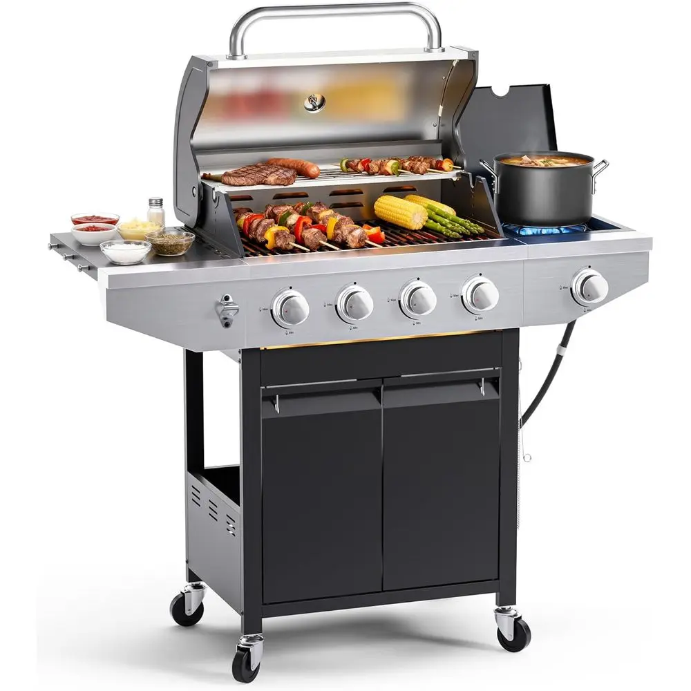 4-Burner Propane Gas BBQ Grill with Side Burner, 46,500 Output StainlSteel Barbecue Grill with Enameled Cast Iron Grates and Sid
4-Burner Propane Gas BBQ Grill with Side Burner, 46,500 Output StainlSteel Barbecue Grill with Enameled Cast Iron Grates and Sid