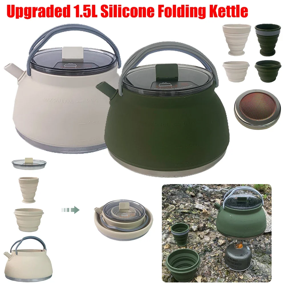 Силиконовый чайник объемом 1,5 л с ручкой, портативный походный чайник, складной водонагреватель с дном из нержавеющей стали для пеших прогулок, альпинизма
Силиконовый чайник объемом 1,5 л с ручкой, портативный походный чайник, складной водонагреватель с дном из нержавеющей стали для пеших прогулок, альпинизма