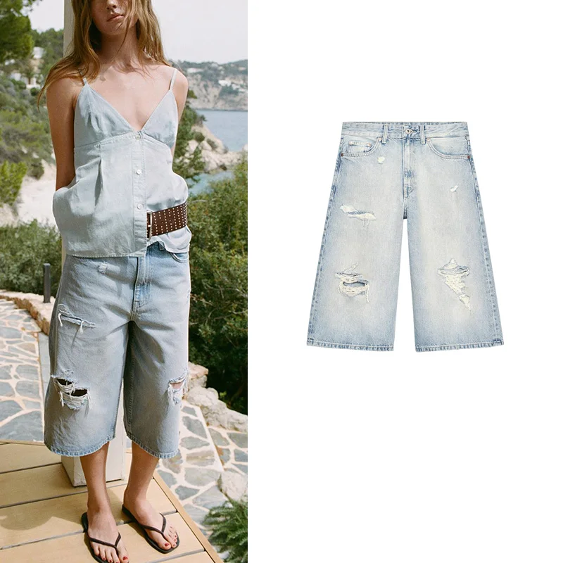 Summer Women's Denim orts Waed Effect Hole Decoration mid Waist Wide Leg Pants Casual Sle High Waist Seven Length Zipper
Summer Women's Denim orts Waed Effect Hole Decoration mid Waist Wide Leg Pants Casual Sle High Waist Seven Length Zipper