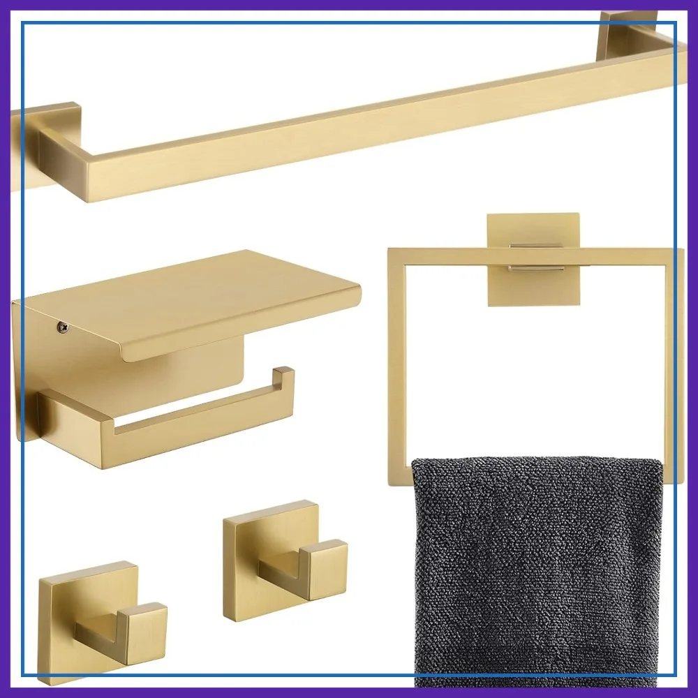 5-Piece Bathroom Hardware Set 23.6 Inch Gold Towel Bar Set with Shelf, Towel Ring, Coat Hook & Toilet Paper Holder, Wall Mounted Stainless Steel
5-Piece Bathroom Hardware Set 23.6 Inch Gold Towel Bar Set with Shelf, Towel Ring, Coat Hook & Toilet Paper Holder, Wall Mounted Stainless Steel