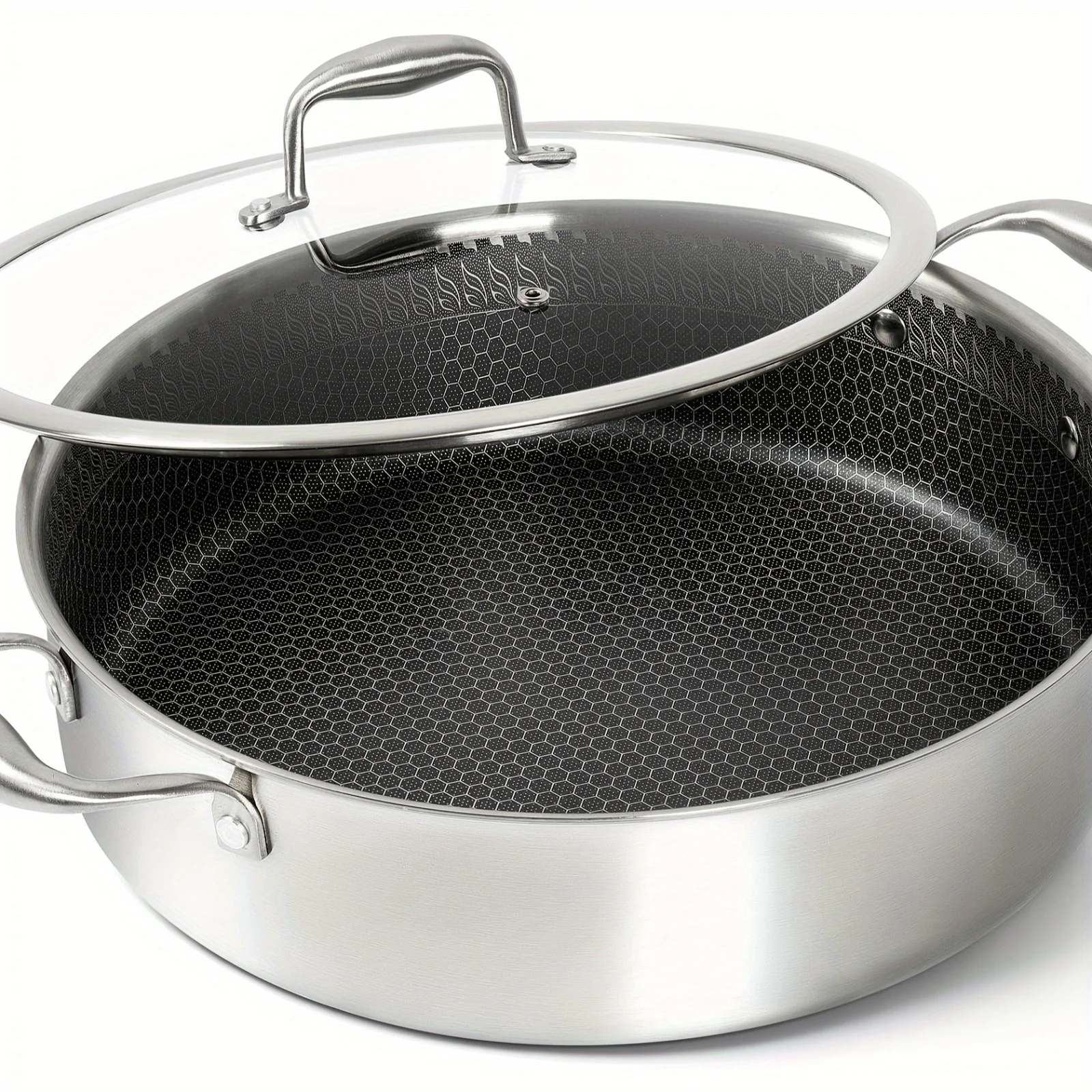 Tri-ply Stainless Steel Saute Pan 6 Quart, Deep Frying Pan With Lid, 18/10 Large Saute Pan With Nonstick Honeycomb Interior
Tri-ply Stainless Steel Saute Pan 6 Quart, Deep Frying Pan With Lid, 18/10 Large Saute Pan With Nonstick Honeycomb Interior
