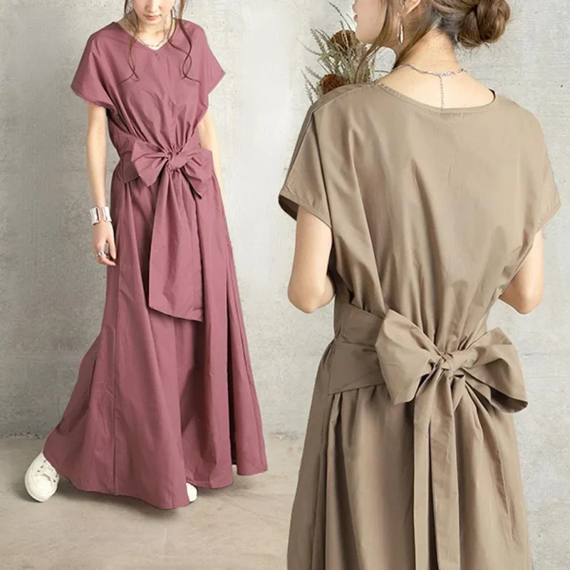 Summer Back Lace-up Bow Short-sleeved Long Dress Day Style Simple Comfortable Women's Dress
Summer Back Lace-up Bow Short-sleeved Long Dress Day Style Simple Comfortable Women's Dress