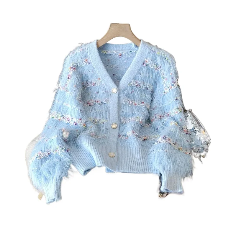 Faux Mink Polka Dot Knitted Sweater Women Autumn Winter Features Loose Laid-back V-neck Cardigan Fashion Soft Fluffy Sweater New
Faux Mink Polka Dot Knitted Sweater Women Autumn Winter Features Loose Laid-back V-neck Cardigan Fashion Soft Fluffy Sweater New