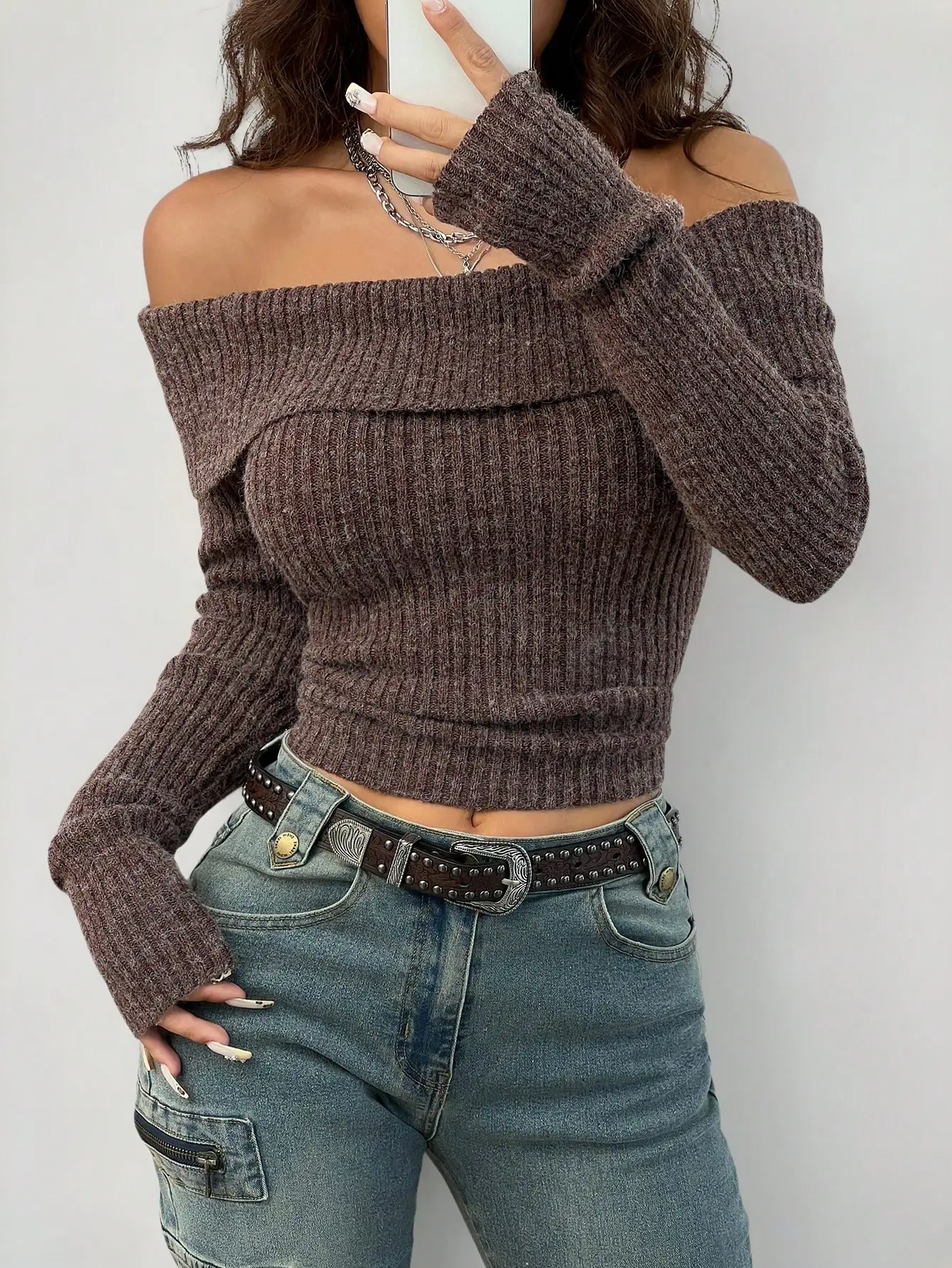 Women's Y2K Off Shoulder Ribbed Knit Sweater, Brown Fall Winter Top
Women's Y2K Off Shoulder Ribbed Knit Sweater, Brown Fall Winter Top