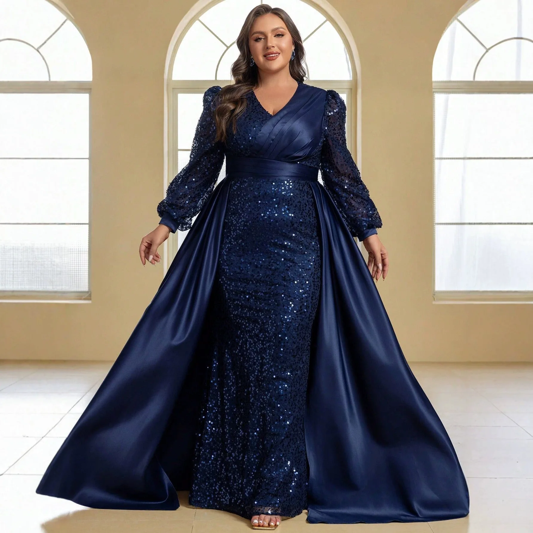 Plus Size Sequin Mermaid Evening Gown V Neck Puff Long Sleeve Satin Overlay Train Mother of Bride Wedding Gala Maxi Dress
Plus Size Sequin Mermaid Evening Gown V Neck Puff Long Sleeve Satin Overlay Train Mother of Bride Wedding Gala Maxi Dress