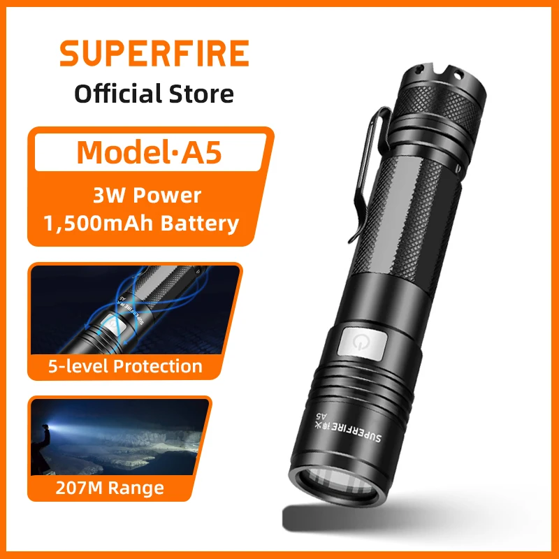 SUPERFIRE A5 Rechargeable Tactical Flashlight – 490 Lumens Super Bright LED, 5 Modes, Waterproof IP44 for Camping, Hiking
SUPERFIRE A5 Rechargeable Tactical Flashlight – 490 Lumens Super Bright LED, 5 Modes, Waterproof IP44 for Camping, Hiking