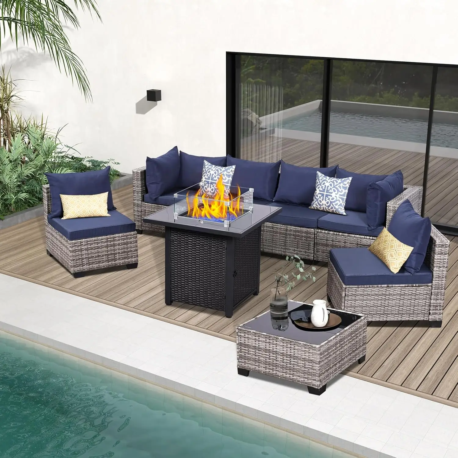 8-Piece Patio Furniture Set 28" Fire Pit Table Wicker Sectional Sofa Cushions Coffee Table Backyard Poolside Garden Customized
8-Piece Patio Furniture Set 28" Fire Pit Table Wicker Sectional Sofa Cushions Coffee Table Backyard Poolside Garden Customized