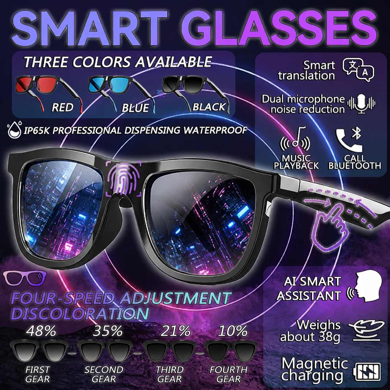 AI Smart Electro-Induced Adjustable Color-Changing Glasses High-Definition Bluetooth Call Noise Reduction Magnetic ChargingI
AI Smart Electro-Induced Adjustable Color-Changing Glasses High-Definition Bluetooth Call Noise Reduction Magnetic ChargingI