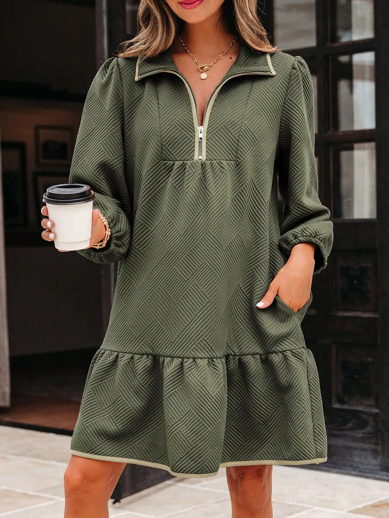 Olive Green Quarter-Zip Mini Dress with Geometric Texture and Ruffle Hem
Olive Green Quarter-Zip Mini Dress with Geometric Texture and Ruffle Hem