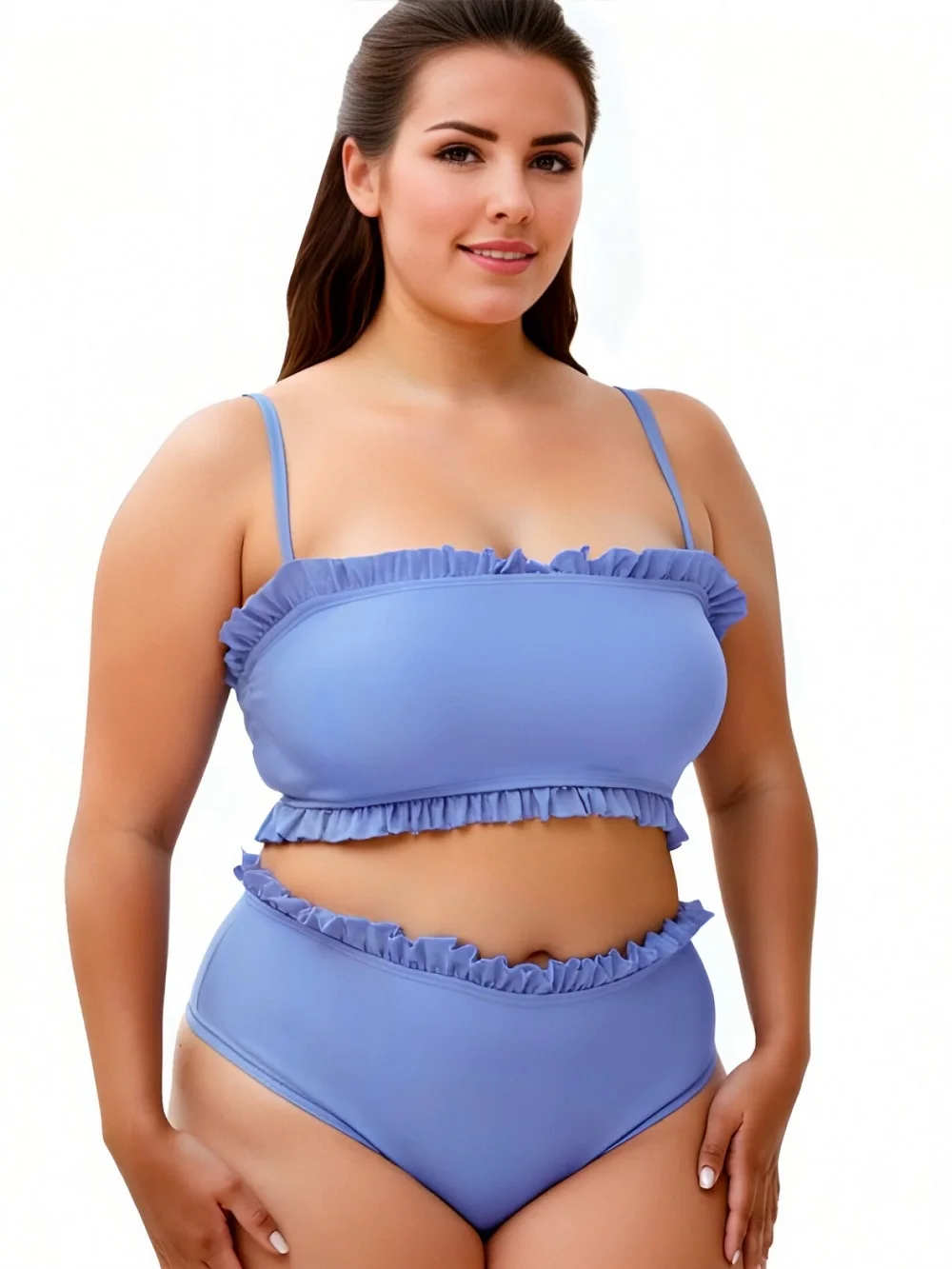 Fashion Ruffle Trim Bikini Set Women's Swimsuit Solid Color Sexy Two Piece Bathing Suit Summer High Waist Beach Swimwear Blue
Fashion Ruffle Trim Bikini Set Women's Swimsuit Solid Color Sexy Two Piece Bathing Suit Summer High Waist Beach Swimwear Blue