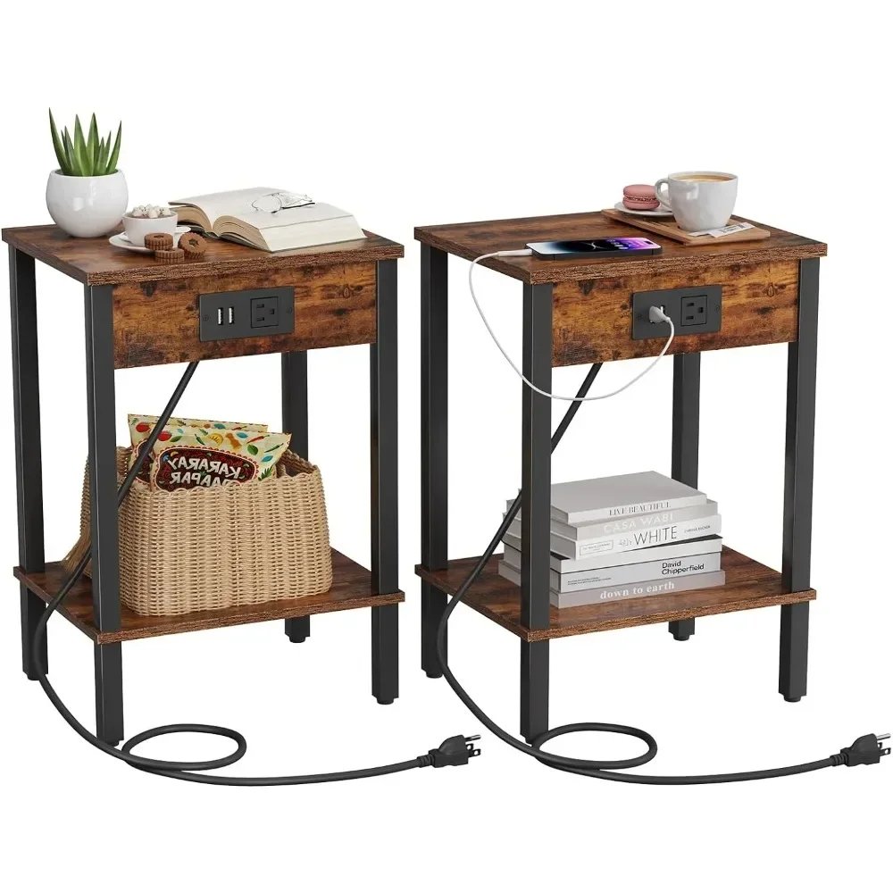 Set of 2 End Table with Charging Station, Narrow Side Table with USB Ports and Outlets, Nightstands with 2-Tier Storage Shelves
Set of 2 End Table with Charging Station, Narrow Side Table with USB Ports and Outlets, Nightstands with 2-Tier Storage Shelves