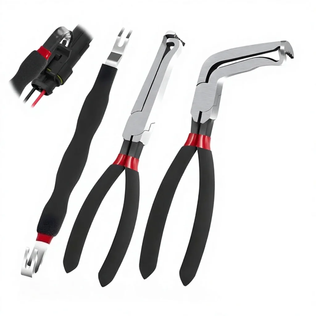 8" 60-Degree Electrical Disconnect Pliers (Black/Silver/Red) for Automotive Connectors & Sensors-Angled Wire Plug Removal Tool
8" 60-Degree Electrical Disconnect Pliers (Black/Silver/Red) for Automotive Connectors & Sensors-Angled Wire Plug Removal Tool