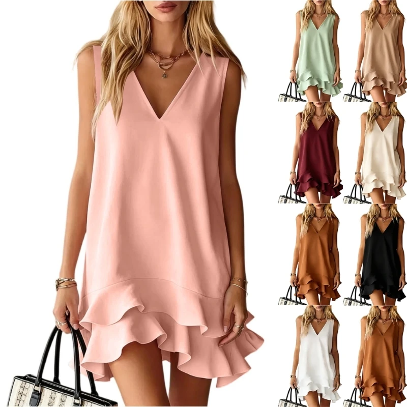 Women's Short Dress with Ruffled Waterfall Hem, Sleeveless, Dresses 6XDA
Women's Short Dress with Ruffled Waterfall Hem, Sleeveless, Dresses 6XDA