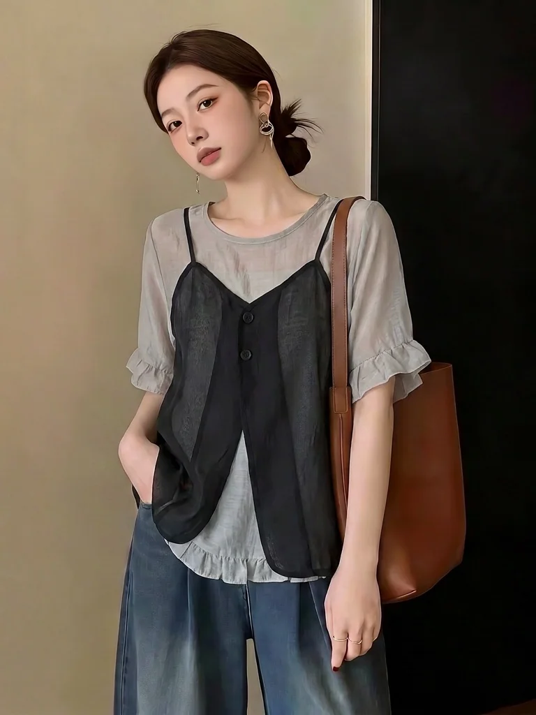 Irregular Hem Chiffon Short Sleeve Shirt Women's Summer New plus Size Flattering Faux Two-piece Top Korean Style Loose Fit
Irregular Hem Chiffon Short Sleeve Shirt Women's Summer New plus Size Flattering Faux Two-piece Top Korean Style Loose Fit