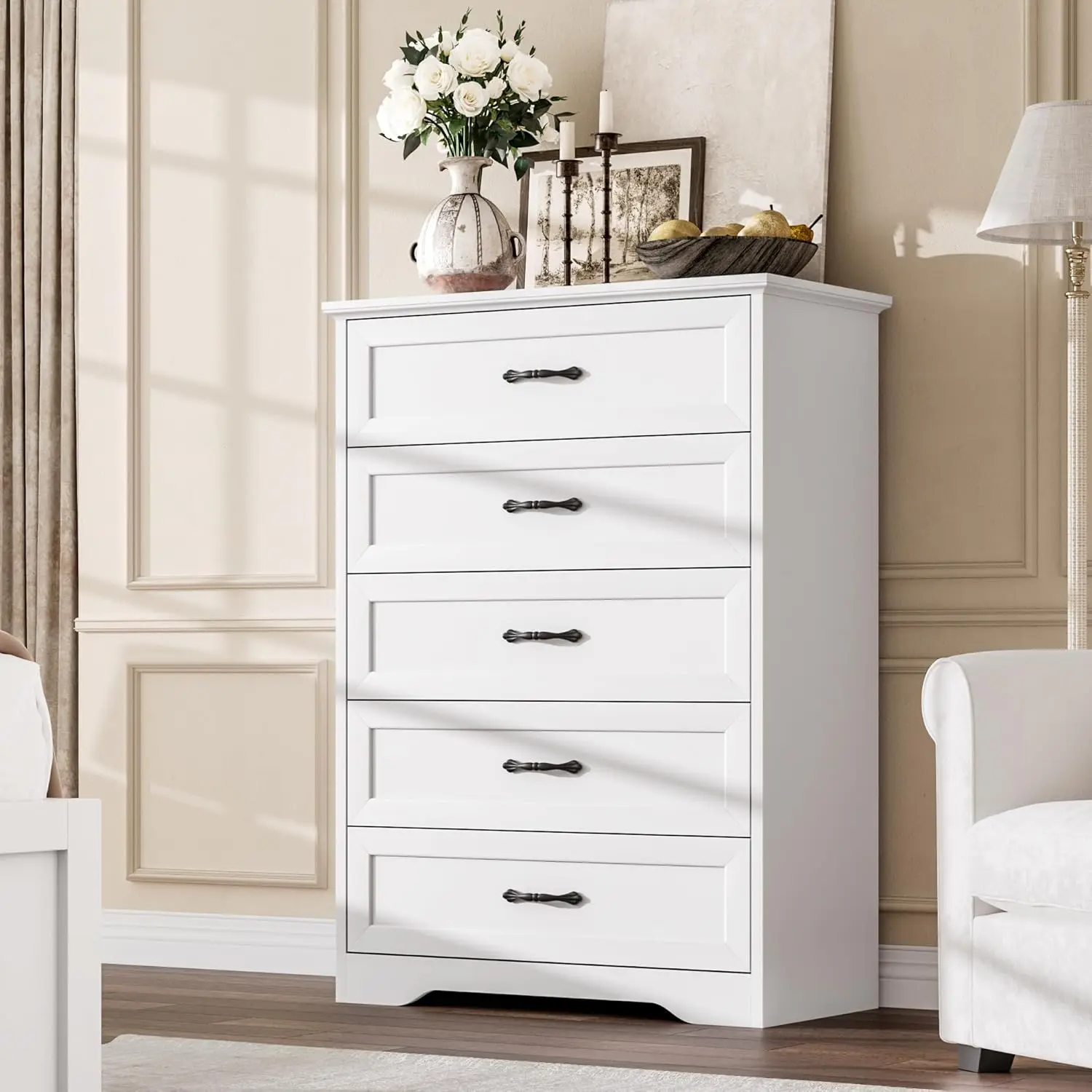 Farmhouse 5 Drawers Dresser for Bedroom, 44'' Tall Chest of Drawer, Wooden Vertical Dresser with Metal Handles and Stable Bas
Farmhouse 5 Drawers Dresser for Bedroom, 44'' Tall Chest of Drawer, Wooden Vertical Dresser with Metal Handles and Stable Bas
