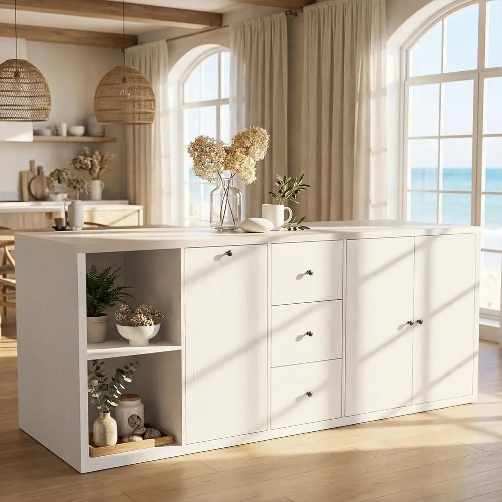 Просторный кухонный остров с каменной столешницей, местом для хранения, местами для сидения, 78,7 дюймов в ширину, белый обеденный стол
Просторный кухонный остров с каменной столешницей, местом для хранения, местами для сидения, 78,7 дюймов в ширину, белый обеденный стол