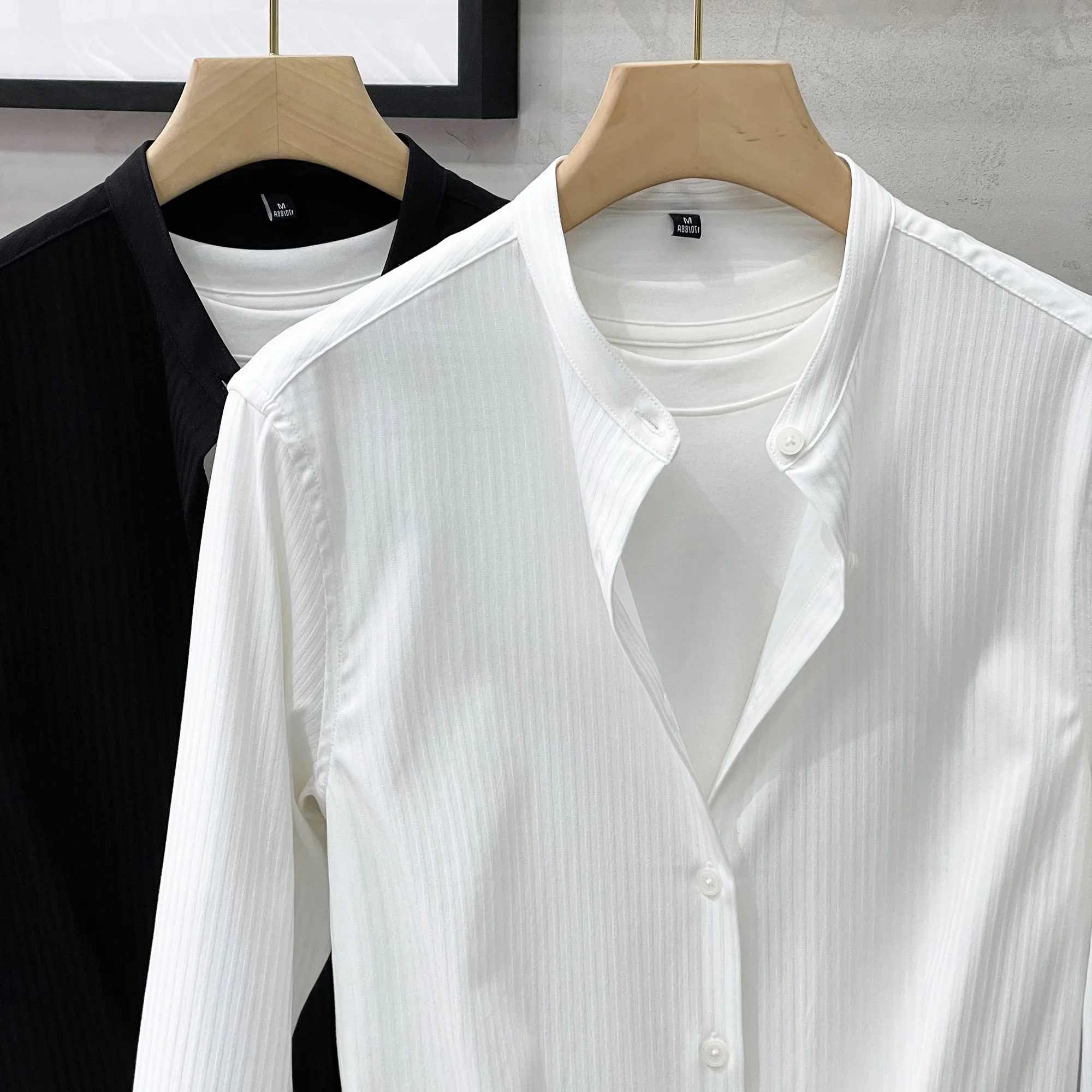 Men's Long Sleeve Shirt Texture Stripe Collarless Spring Autumn White High Sensation Iron Free Artistic round Neck Shirt
Men's Long Sleeve Shirt Texture Stripe Collarless Spring Autumn White High Sensation Iron Free Artistic round Neck Shirt