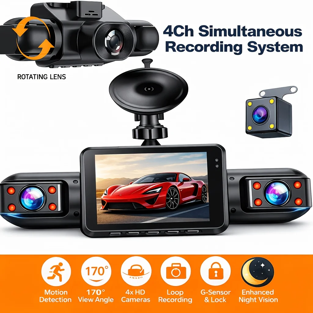 HD Driving Recorder with Four Cameras | 360° Perspective + Display, Infrared Night Vision Featuring Dynamic Locked Exposure, Loop Recording, Collision Protection, And Parking Monitoring, Without Battery
HD Driving Recorder with Four Cameras | 360° Perspective + Display, Infrared Night Vision Featuring Dynamic Locked Exposure, Loop Recording, Collision Protection, And Parking Monitoring, Without Battery