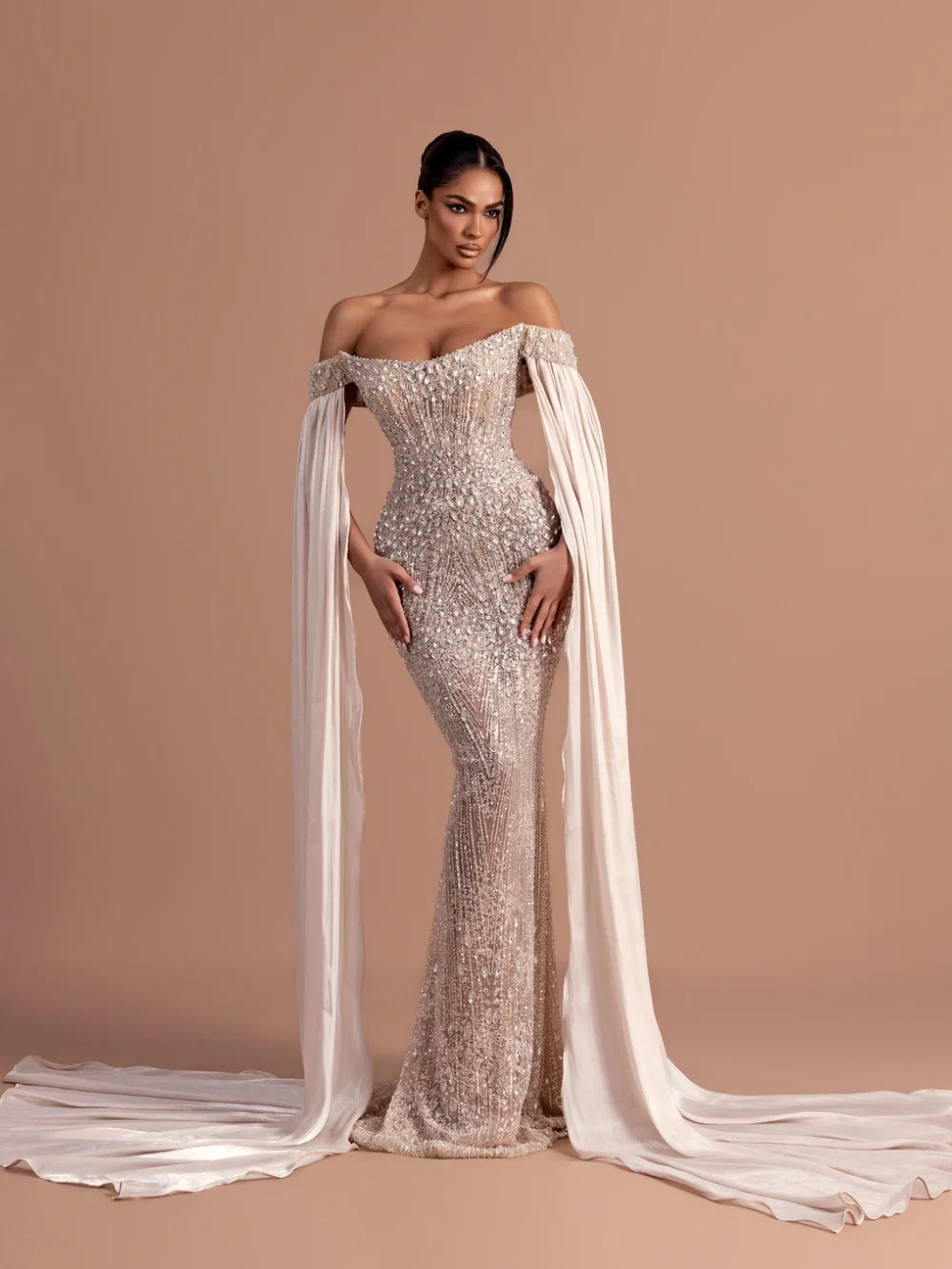 Blush Nude Crystal Party Dress Off Shoulder Flowing Sleeves Evening Gown 2026 For Wedding Guests فساتين سهرة Formal Prom Dress
Blush Nude Crystal Party Dress Off Shoulder Flowing Sleeves Evening Gown 2026 For Wedding Guests فساتين سهرة Formal Prom Dress