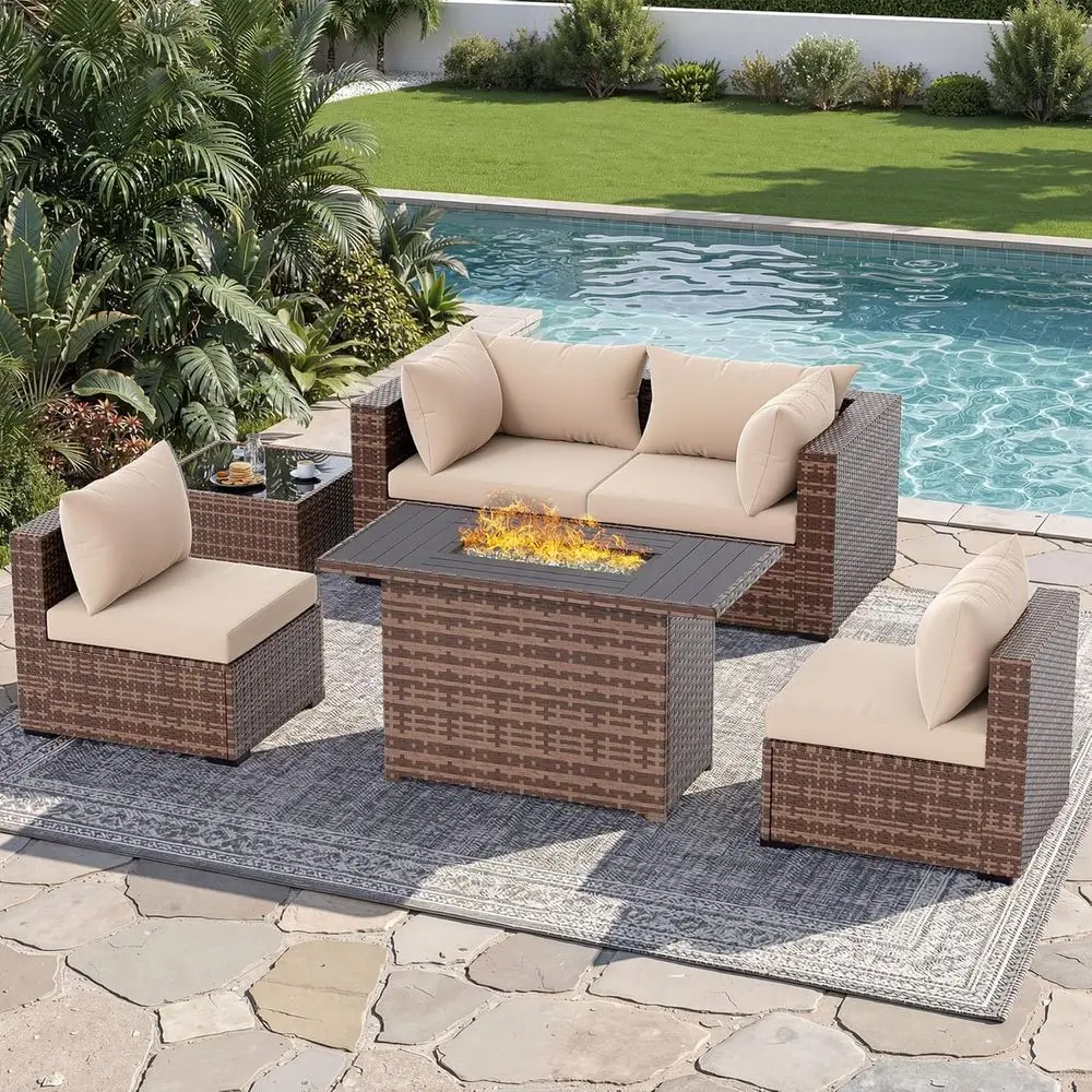 5-Piece Outdoor Sectional Sofa Set with Fire Pit Table, All-Weather Wicker, Khaki
5-Piece Outdoor Sectional Sofa Set with Fire Pit Table, All-Weather Wicker, Khaki