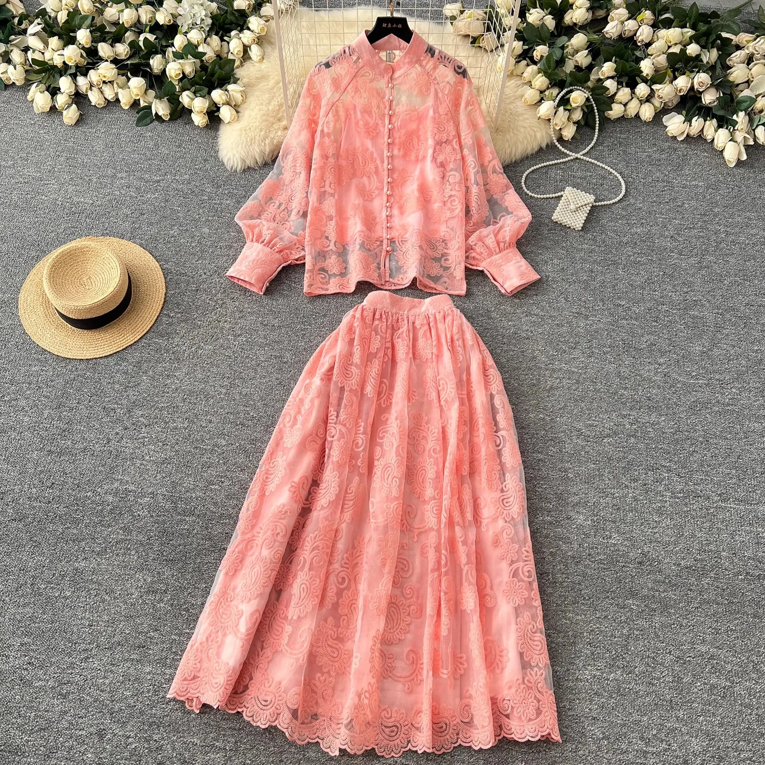 Elegant Hollow Out Long Dress 2 Piece Women Skirt Sets Summer Pearl Embroidery Lace Top Midi Skirt Outfits Party Evening Robe
Elegant Hollow Out Long Dress 2 Piece Women Skirt Sets Summer Pearl Embroidery Lace Top Midi Skirt Outfits Party Evening Robe