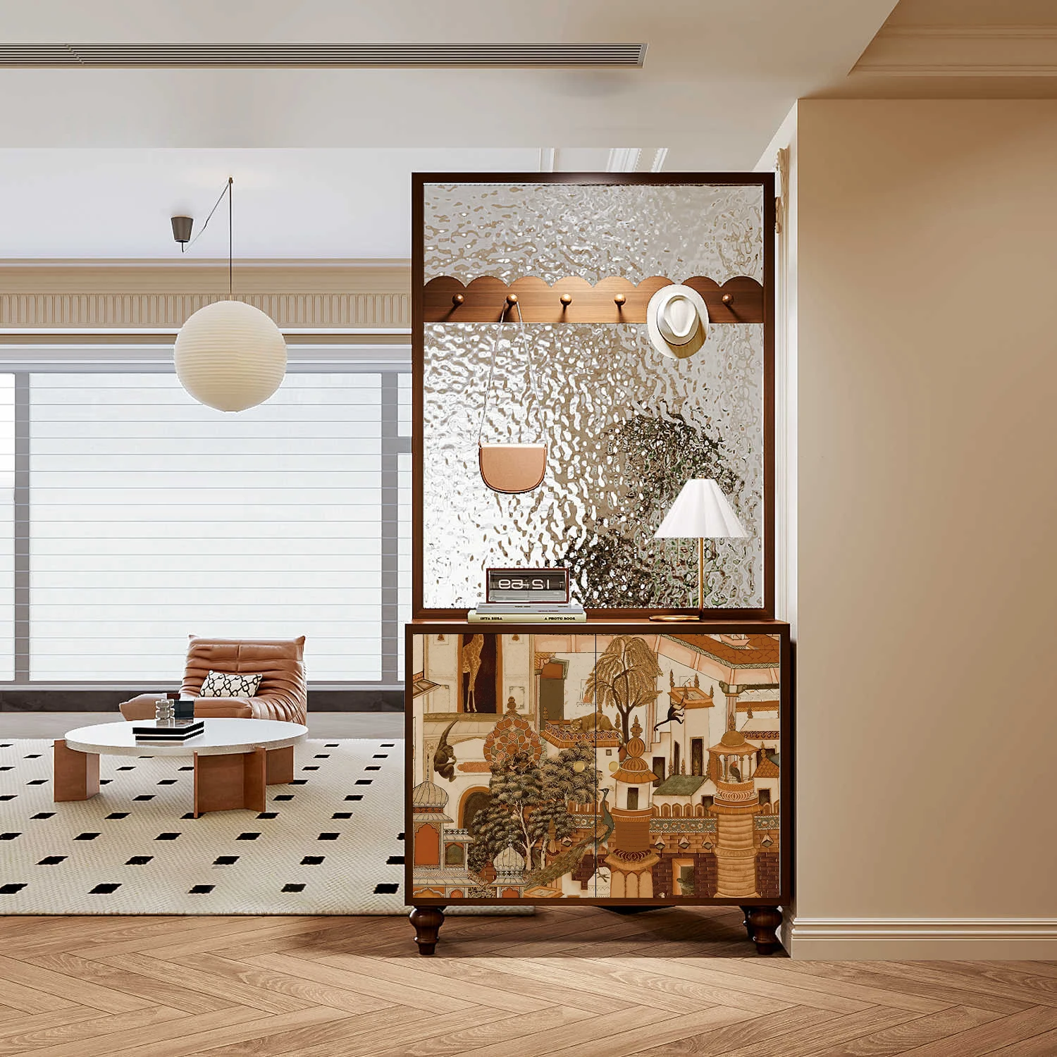 French retro oil painting porch cabinet solid wood water pattern glass entry door screen partition living room storage shoe
French retro oil painting porch cabinet solid wood water pattern glass entry door screen partition living room storage shoe