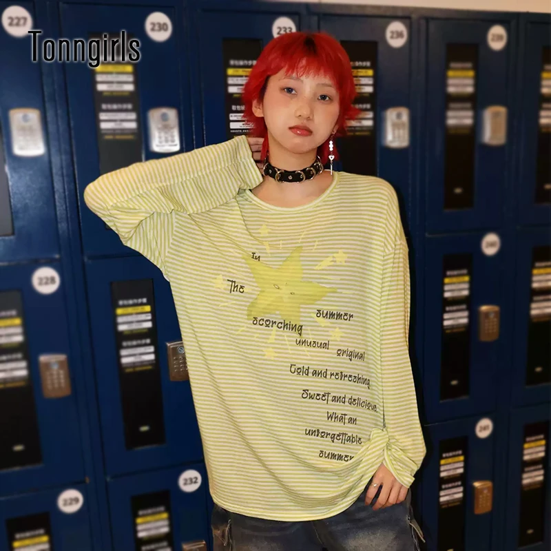 Tonngirls American Retro 90s Striped T-shirt Women Long Sleeve Loose Y2k Japanese Tee Tops Print Fruit Tshirts Lazy Style E-girl
Tonngirls American Retro 90s Striped T-shirt Women Long Sleeve Loose Y2k Japanese Tee Tops Print Fruit Tshirts Lazy Style E-girl