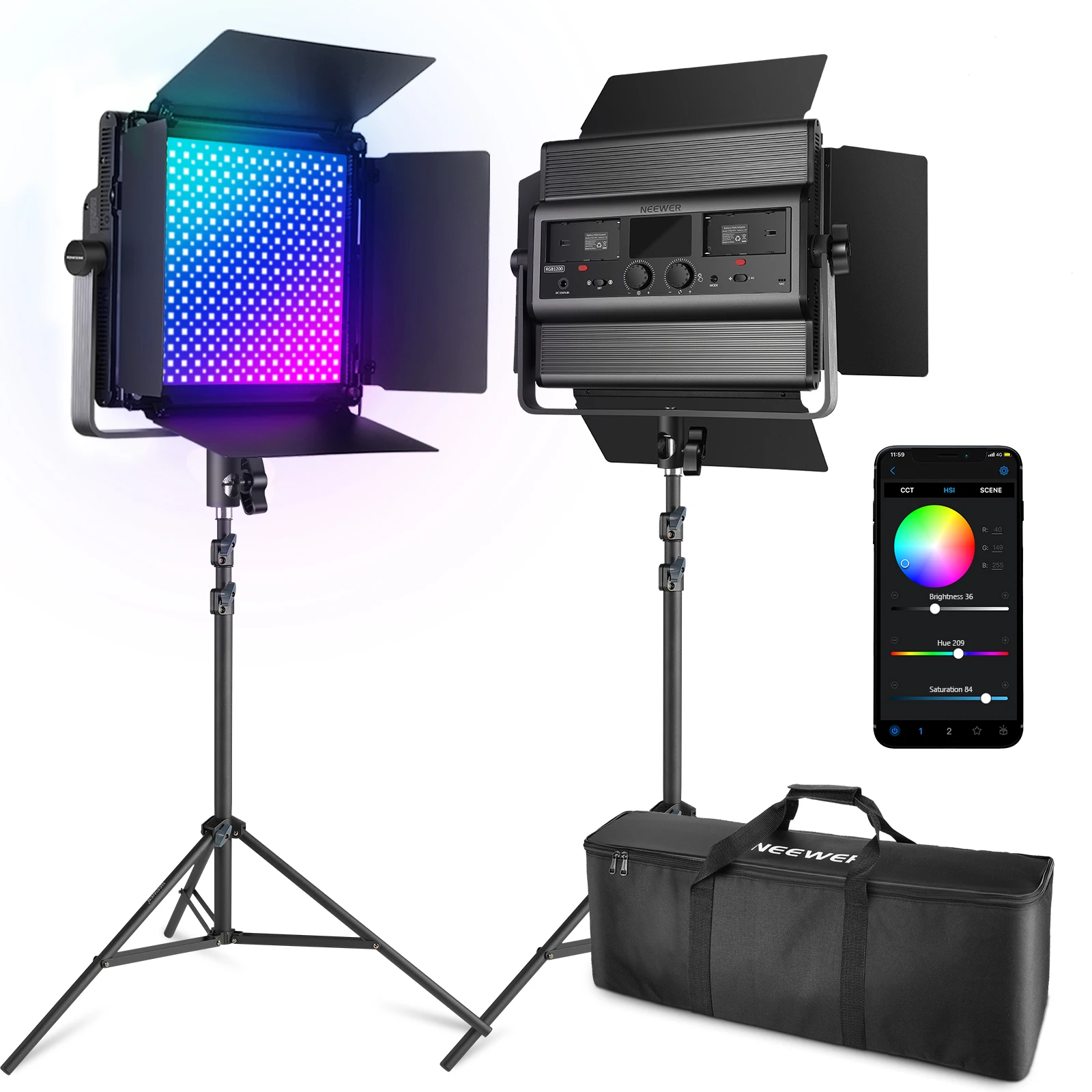 7300lux/m 60W Photography Video Lighting Kit with Stands NEEWER 2 Pack RGB1200 LED Video Light with APP/2.4G Control
7300lux/m 60W Photography Video Lighting Kit with Stands NEEWER 2 Pack RGB1200 LED Video Light with APP/2.4G Control
