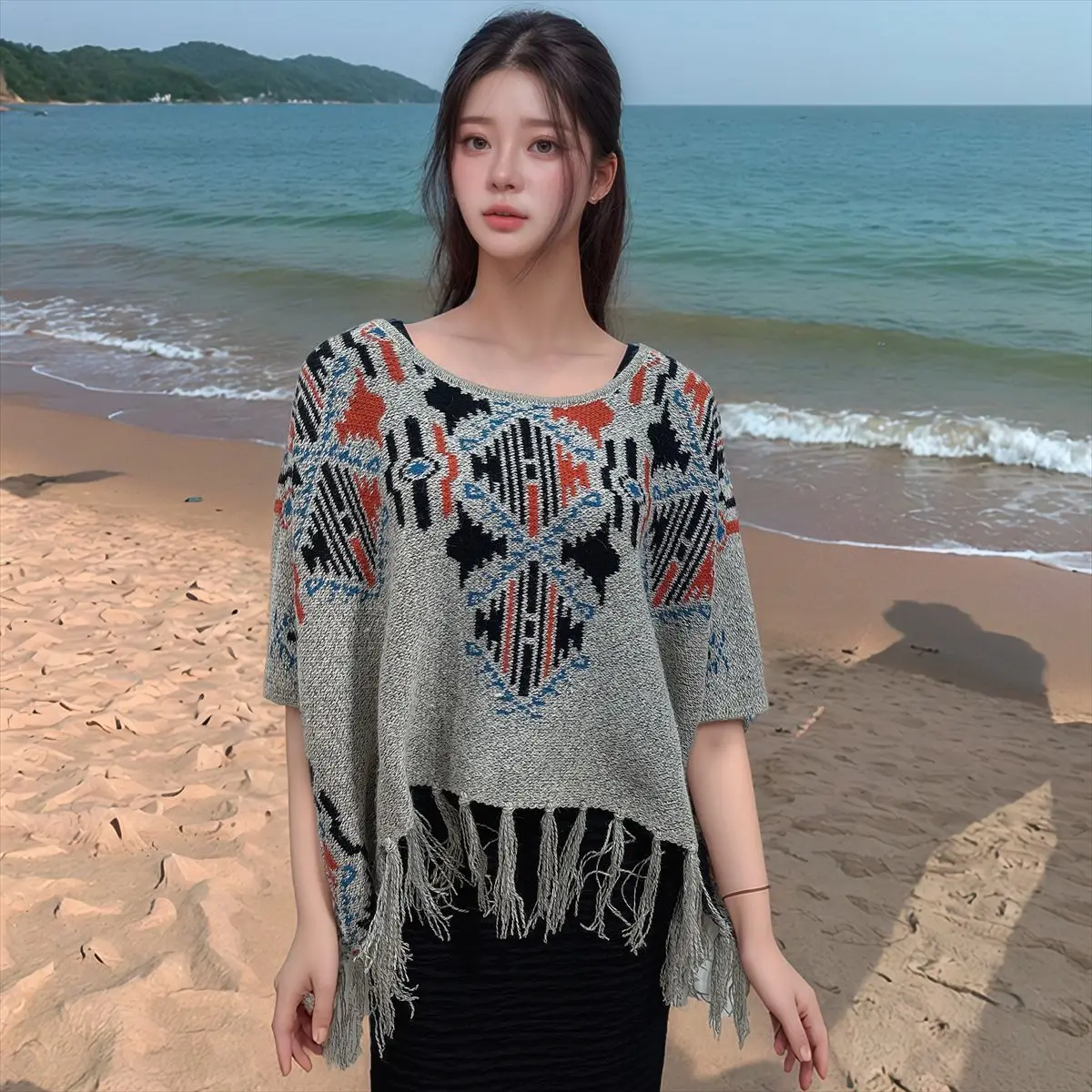 Spring Autumn Poncho women's loose tassel pullover knitted cloak ethnic style short version cape shawl P1
Spring Autumn Poncho women's loose tassel pullover knitted cloak ethnic style short version cape shawl P1