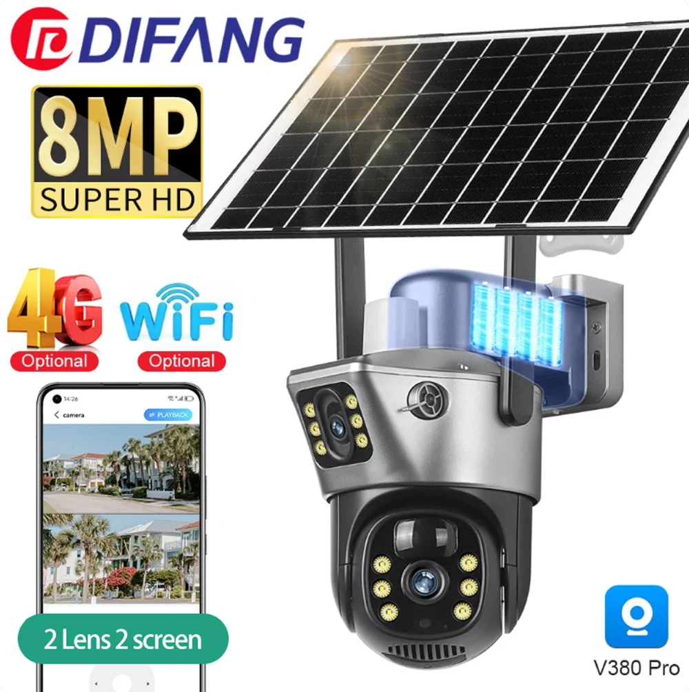 4K 8MP WiFi Solar Camera Dual Lens Dual Screen CCTV Home Security Solar Camera Battery Wireless Surveillance Camera CCTV