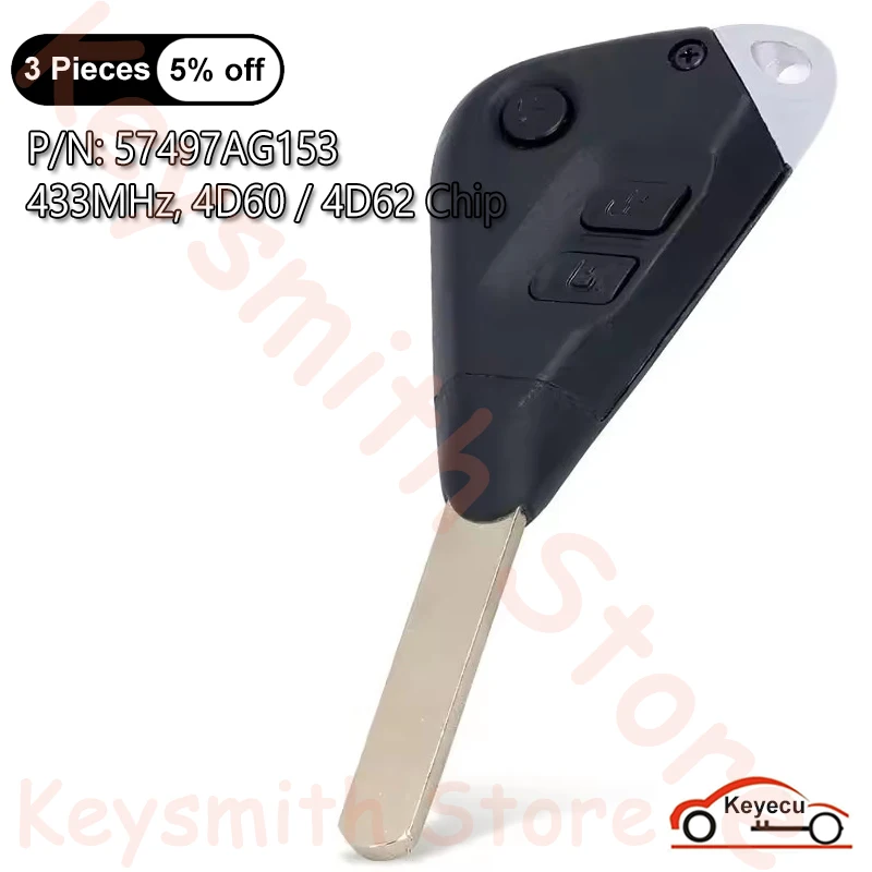 KEYECU 3 Btns 433MHz 4D60 4D62 Chip for Subaru Forester Impreza Liberty Outback 2004-2009 Tribeca Auto Remote Key Fob 57497AG153
KEYECU 3 Btns 433MHz 4D60 4D62 Chip for Subaru Forester Impreza Liberty Outback 2004-2009 Tribeca Auto Remote Key Fob 57497AG153