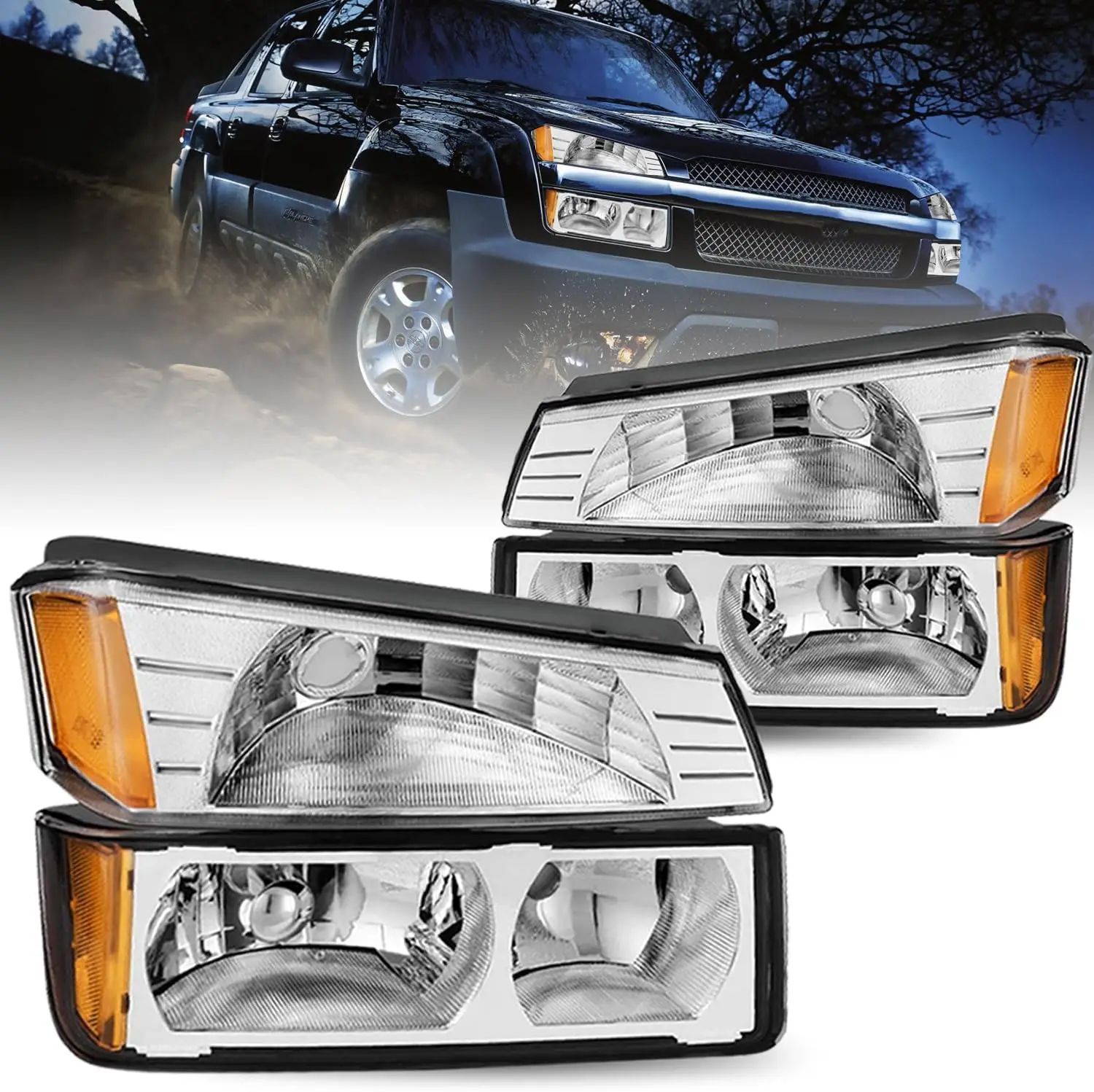 4 шт. фара в сборе, совместимая с 2002-2006 Chevy Avalanche, модель обшивки кузова, фары, набор фар для бампера, хромированный корпус
4 шт. фара в сборе, совместимая с 2002-2006 Chevy Avalanche, модель обшивки кузова, фары, набор фар для бампера, хромированный корпус