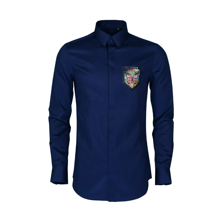 Men's slim fit shirt pocket with colorful printed butterfly pocket long sleeved factory sales
Men's slim fit shirt pocket with colorful printed butterfly pocket long sleeved factory sales