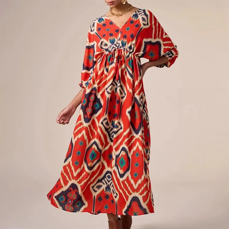 Sexy V Neck High Waist Party Dress For Women Chic Pattern Print 3/4 Sleeve Pullover Dress Lady New Pleated Drawstring Maxi Dress
Sexy V Neck High Waist Party Dress For Women Chic Pattern Print 3/4 Sleeve Pullover Dress Lady New Pleated Drawstring Maxi Dress