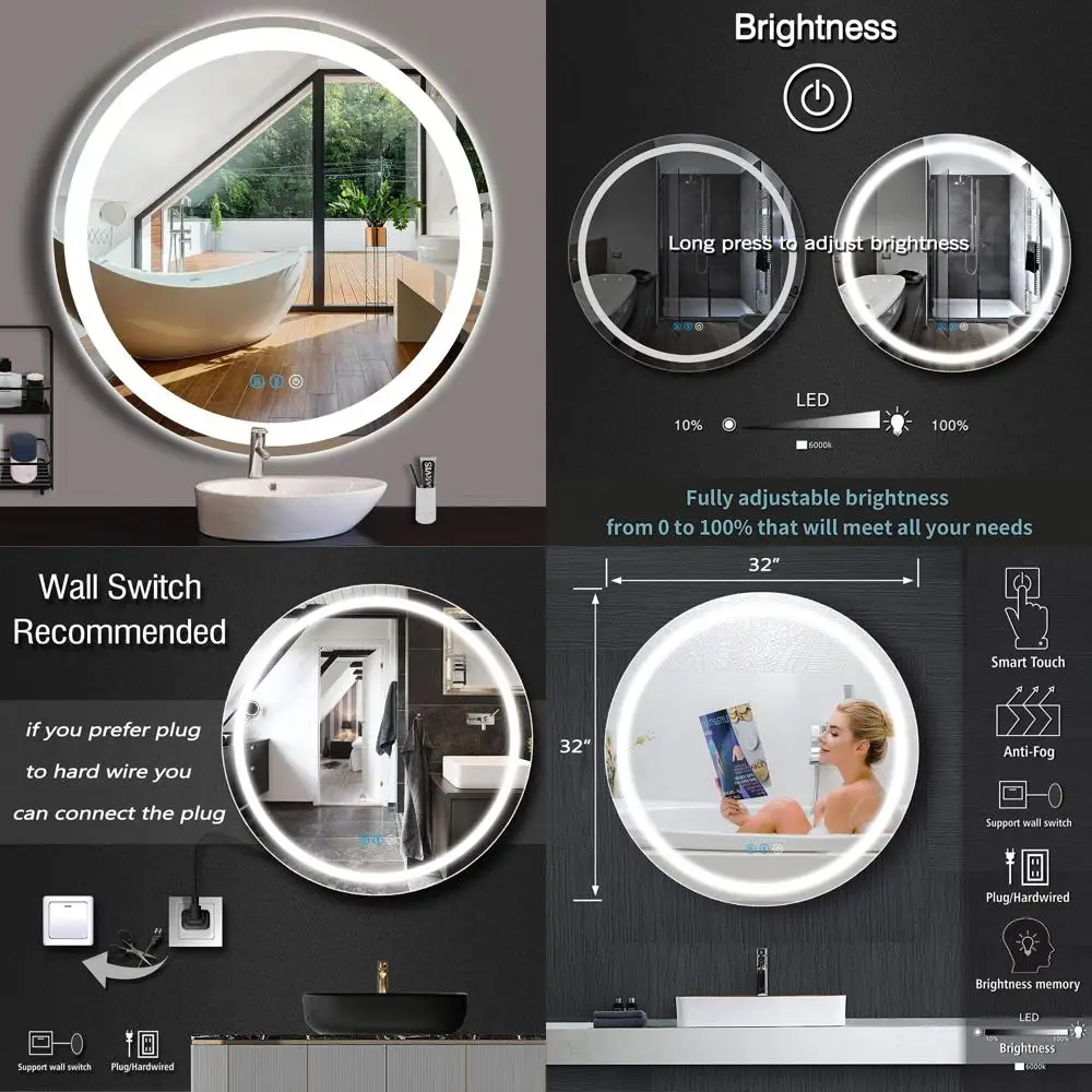 Round LED Bathroom Mirror with 3 Color Lights, Dimmable and Anti-Fog
Round LED Bathroom Mirror with 3 Color Lights, Dimmable and Anti-Fog