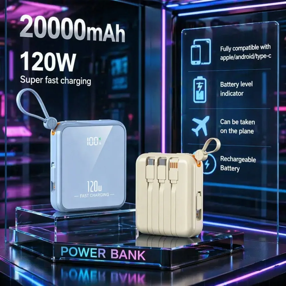 20000mAh PowerBank 120W FastCharging With3Built-in Cables LED Display Portable Charger ForiPhone Android Type-C Airline Approved
20000mAh PowerBank 120W FastCharging With3Built-in Cables LED Display Portable Charger ForiPhone Android Type-C Airline Approved