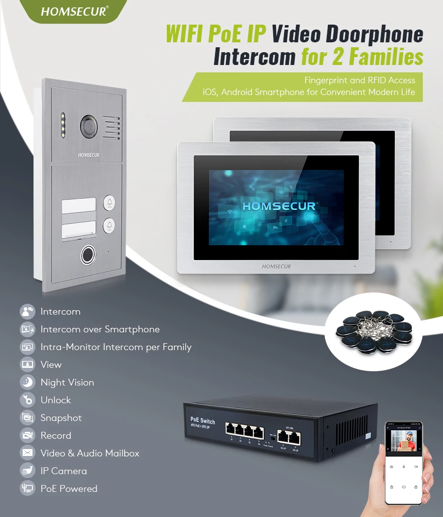 HOMSECUR Multi-Language Menus 7" WIFI PoE IP RJ-45 Video Door Phone Intercom Doorbell For 2 Families
HOMSECUR Multi-Language Menus 7" WIFI PoE IP RJ-45 Video Door Phone Intercom Doorbell For 2 Families