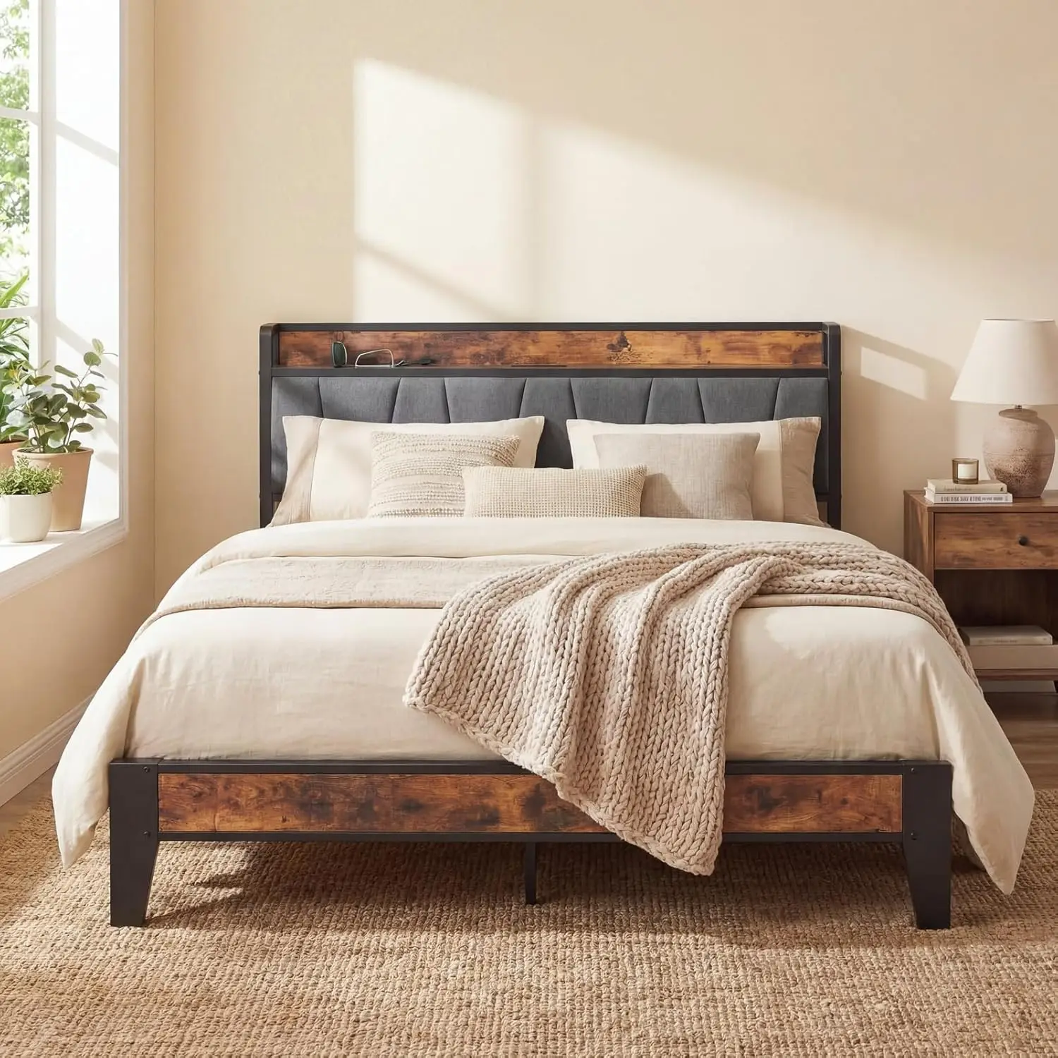 Queen Bed Frame, Comfortable Upholstered Headboard and Heavy Duty Metal Structure, USB Charging Ports, Noise-Free, No Bo
Queen Bed Frame, Comfortable Upholstered Headboard and Heavy Duty Metal Structure, USB Charging Ports, Noise-Free, No Bo