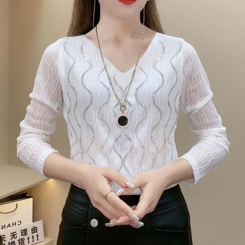 Casual Wave Stylish Diamonds Pullovers Spring Autumn Long Sleeve Spliced Female Clothing Elegant V-Neck All-match T-shirt E324
Casual Wave Stylish Diamonds Pullovers Spring Autumn Long Sleeve Spliced Female Clothing Elegant V-Neck All-match T-shirt E324