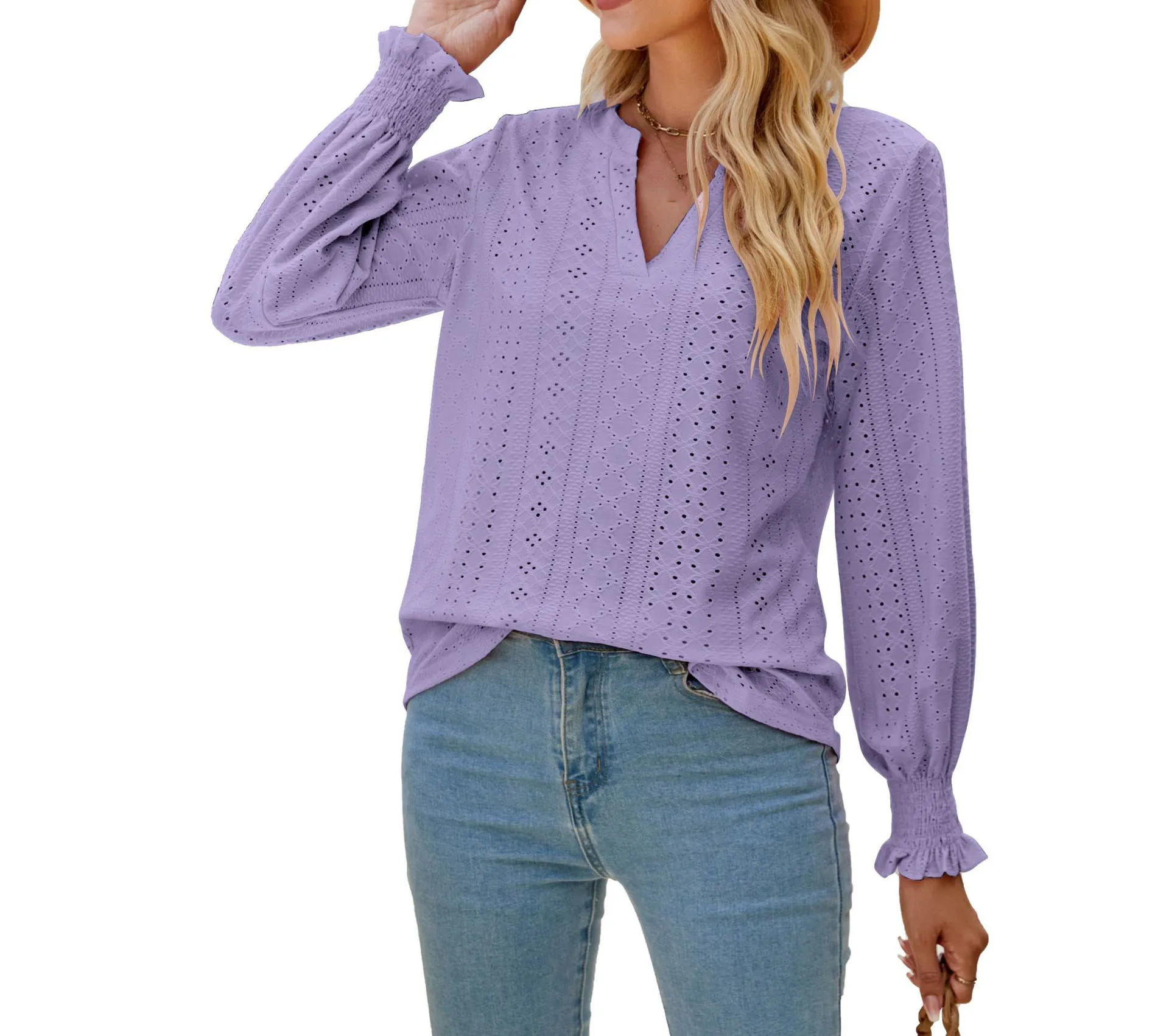 Spring New Solid Color Hollow T-shirt Fashion Casual Ruffle Sleeve V-neck Loose Long-sleeved Tops Feminina Tee Female Tops
Spring New Solid Color Hollow T-shirt Fashion Casual Ruffle Sleeve V-neck Loose Long-sleeved Tops Feminina Tee Female Tops
