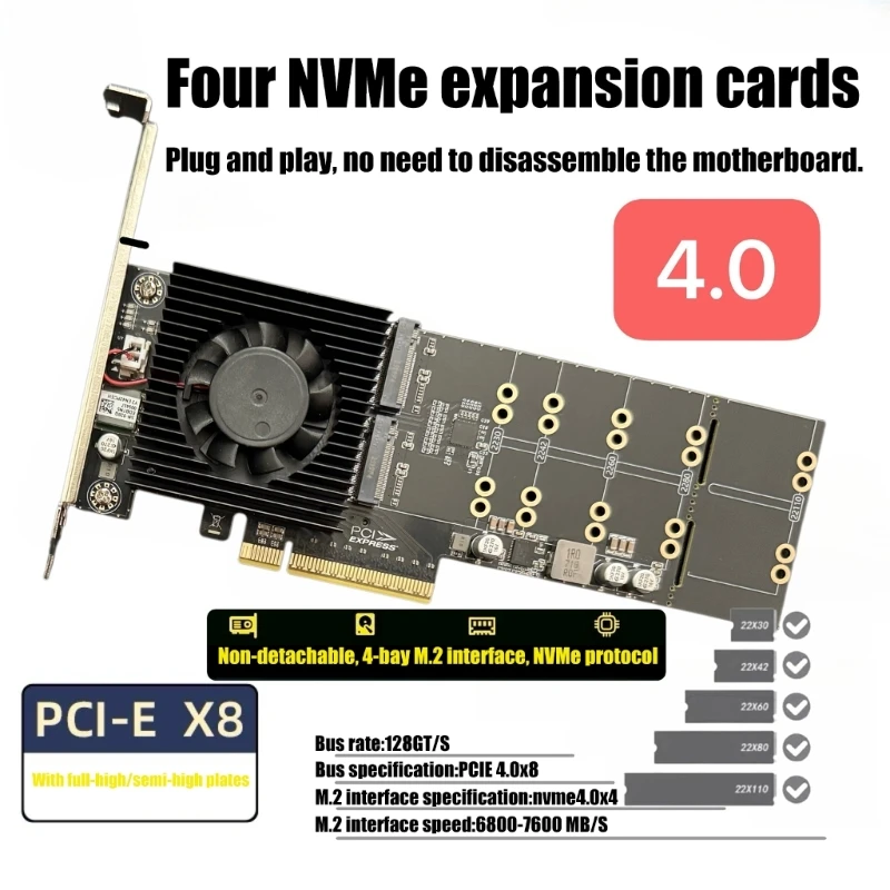 4Port Channel PCIe4.0 M.2 Expansion Card Supporting 4X NVMe SSDs Concurrents Access And Advanced Thermals Management H8WD
4Port Channel PCIe4.0 M.2 Expansion Card Supporting 4X NVMe SSDs Concurrents Access And Advanced Thermals Management H8WD