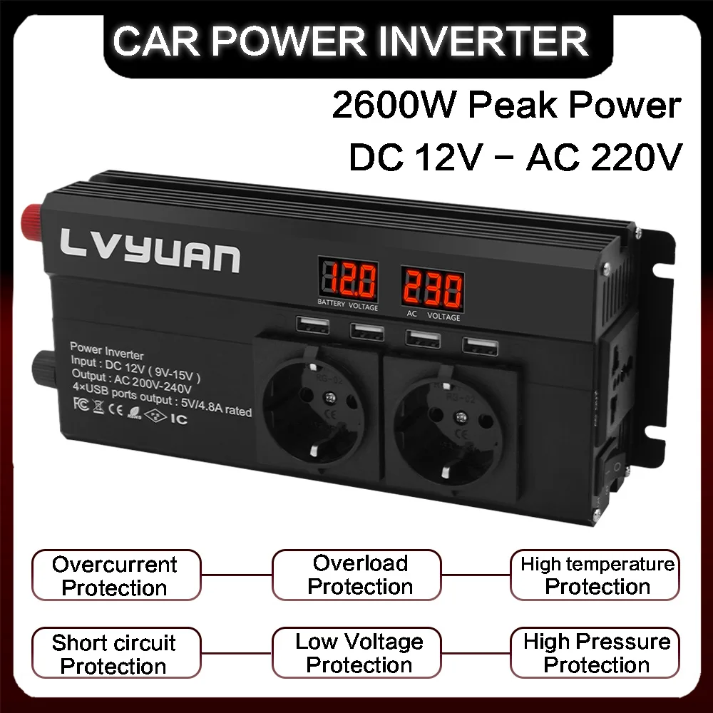 2600W/2000W/1000W Car Power Inverter DC 12V AC 220V 50Hz 60Hz Voltage Converter LED Display 4USB Ports Multi EU Socket Inverter
2600W/2000W/1000W Car Power Inverter DC 12V AC 220V 50Hz 60Hz Voltage Converter LED Display 4USB Ports Multi EU Socket Inverter