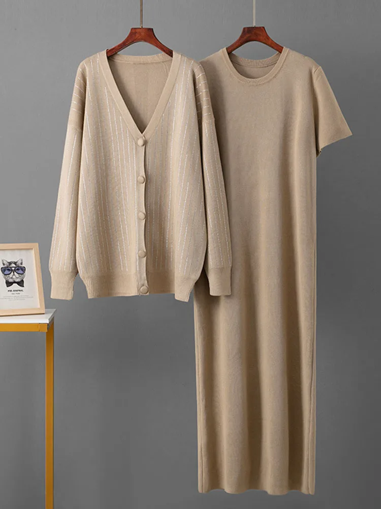 Elegant Solid New Knitted 2 Piece Sets Women V-neck Single Breasted Knitwears Sweater Cardigan Tops Conjuntos Long Dress Outfit
Elegant Solid New Knitted 2 Piece Sets Women V-neck Single Breasted Knitwears Sweater Cardigan Tops Conjuntos Long Dress Outfit